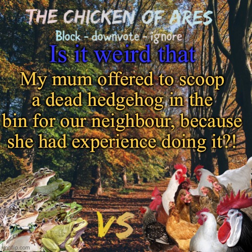 The first time was weird, this time it was just gross | Is it weird that; My mum offered to scoop a dead hedgehog in the bin for our neighbour, because she had experience doing it?! | image tagged in chicken of ares announces crap for everyone | made w/ Imgflip meme maker