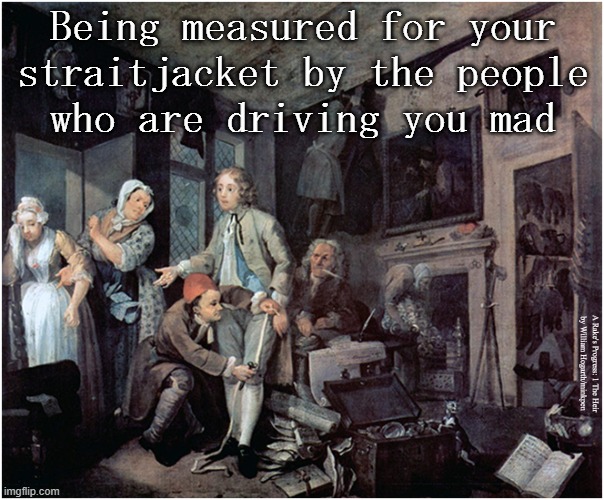 Straitjacket | Being measured for your
straitjacket by the people
who are driving you mad; A Rake's Progress: 1 The Heir
by William Hogarth/minkpen | image tagged in art memes,hogarth,straitjacket,madness,family,insane | made w/ Imgflip meme maker