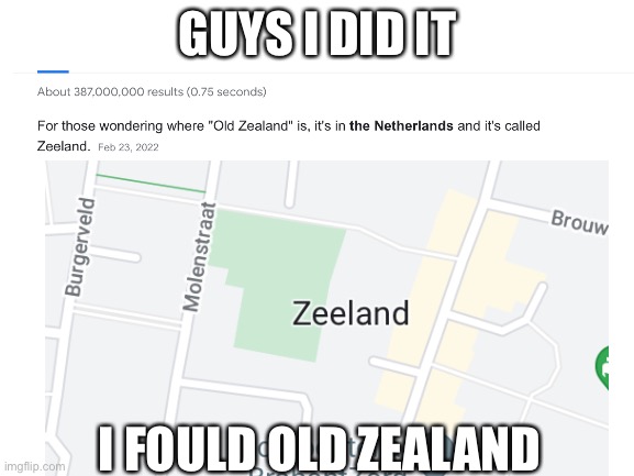 I FOUND OLD ZEALAND | GUYS I DID IT; I FOULD OLD ZEALAND | image tagged in oh wow are you actually reading these tags | made w/ Imgflip meme maker