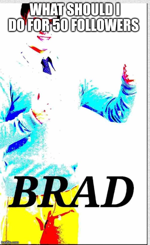 Idk | WHAT SHOULD I DO FOR 50 FOLLOWERS | image tagged in brad | made w/ Imgflip meme maker