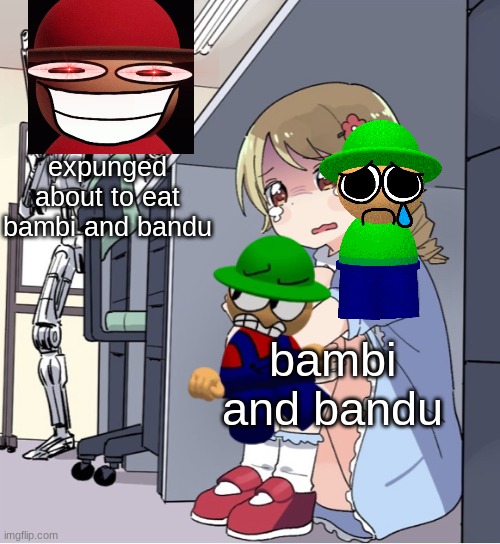 Rest in peace, bambi and bandu | expunged about to eat bambi and bandu; bambi and bandu | image tagged in anime girl hiding from terminator,bandu,bambi,expunged | made w/ Imgflip meme maker
