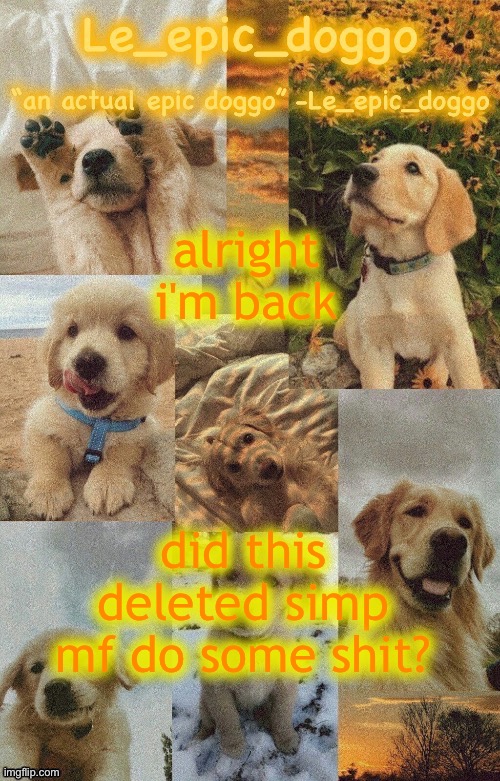 Doggo temp by doggo. Wait what that’s confusing | alright i'm back; did this deleted simp mf do some shit? | image tagged in doggo temp by doggo wait what that s confusing | made w/ Imgflip meme maker