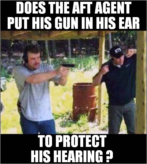 I'm No Expert ... | DOES THE AFT AGENT PUT HIS GUN IN HIS EAR; TO PROTECT HIS HEARING ? | image tagged in shooting,safety first,dark humour | made w/ Imgflip meme maker