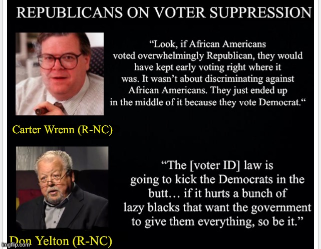The racism is spicy with these two | Carter Wrenn (R-NC); Don Yelton (R-NC) | image tagged in voter fraud,voter id,republicans,conservative logic,racism,republican party | made w/ Imgflip meme maker
