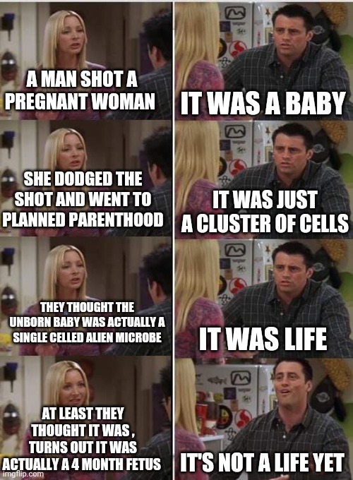 Phoebe Joey | A MAN SHOT A PREGNANT WOMAN; IT WAS A BABY; SHE DODGED THE SHOT AND WENT TO PLANNED PARENTHOOD; IT WAS JUST A CLUSTER OF CELLS; THEY THOUGHT THE UNBORN BABY WAS ACTUALLY A SINGLE CELLED ALIEN MICROBE; IT WAS LIFE; AT LEAST THEY THOUGHT IT WAS , TURNS OUT IT WAS ACTUALLY A 4 MONTH FETUS; IT'S NOT A LIFE YET | image tagged in phoebe joey | made w/ Imgflip meme maker