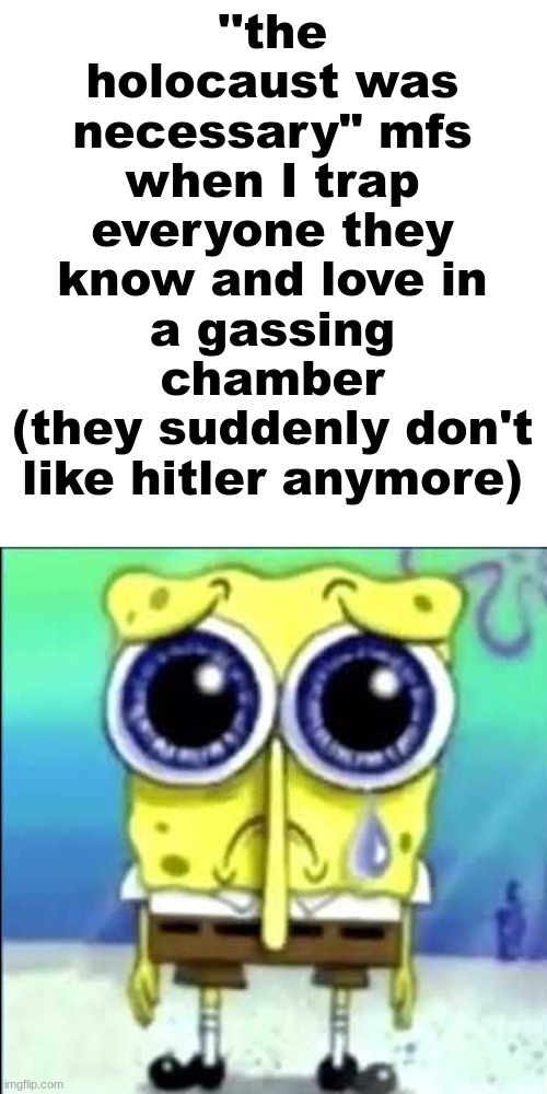 So sad | ''the holocaust was necessary" mfs when I trap everyone they know and love in a gassing chamber
(they suddenly don't like hitler anymore) | image tagged in sad spongebob | made w/ Imgflip meme maker