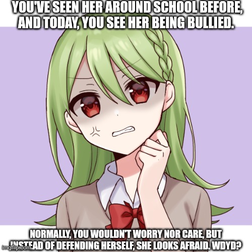 I love this OC so much. Anyways yeah. Have fun | YOU'VE SEEN HER AROUND SCHOOL BEFORE, AND TODAY, YOU SEE HER BEING BULLIED. NORMALLY, YOU WOULDN'T WORRY NOR CARE, BUT INSTEAD OF DEFENDING HERSELF, SHE LOOKS AFRAID. WDYD? | made w/ Imgflip meme maker