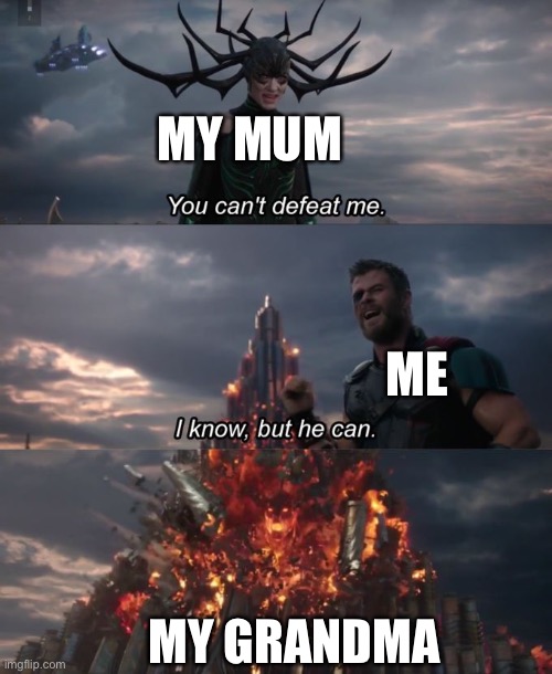 Grandma to the rescue | MY MUM; ME; MY GRANDMA | image tagged in you can't defeat me | made w/ Imgflip meme maker