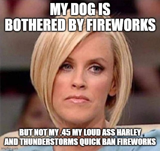 Karen, the manager will see you now | MY DOG IS BOTHERED BY FIREWORKS; BUT NOT MY .45 MY LOUD ASS HARLEY AND THUNDERSTORMS QUICK BAN FIREWORKS | image tagged in karen the manager will see you now | made w/ Imgflip meme maker