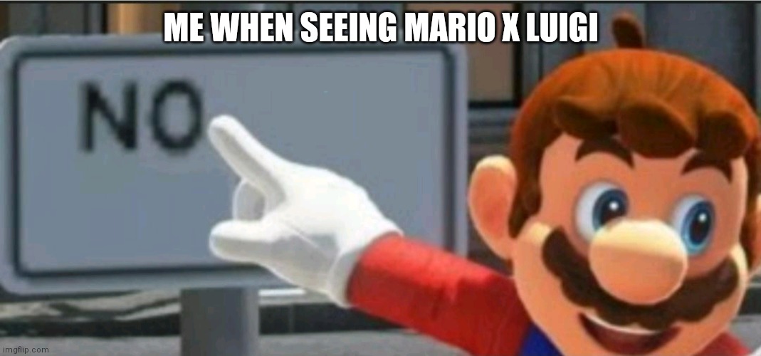 Me when ship | ME WHEN SEEING MARIO X LUIGI | image tagged in mario points at a no sign | made w/ Imgflip meme maker