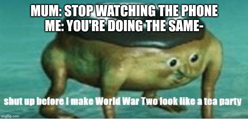 Shut up before I make world war two look like a tea party | MUM: STOP WATCHING THE PHONE
ME: YOU'RE DOING THE SAME- | image tagged in shut up before i make world war two look like a tea party | made w/ Imgflip meme maker