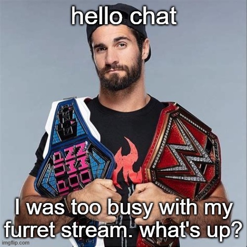 Cool seth rollins | hello chat; I was too busy with my furret stream. what's up? | image tagged in cool seth rollins | made w/ Imgflip meme maker