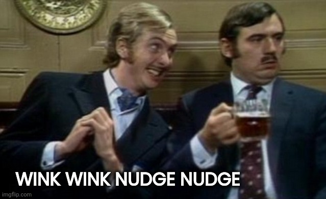 nudge nudge wink wink | WINK WINK NUDGE NUDGE | image tagged in nudge nudge wink wink | made w/ Imgflip meme maker