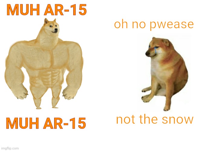 Buff Doge vs. Cheems Meme | MUH AR-15 oh no pwease MUH AR-15 not the snow | image tagged in memes,buff doge vs cheems | made w/ Imgflip meme maker