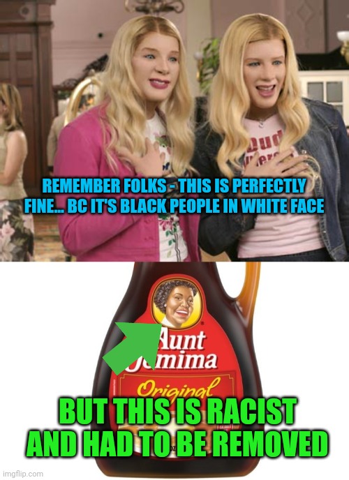 REMEMBER FOLKS - THIS IS PERFECTLY FINE... BC IT'S BLACK PEOPLE IN WHITE FACE; BUT THIS IS RACIST AND HAD TO BE REMOVED | image tagged in white chicks,aunt jemima | made w/ Imgflip meme maker