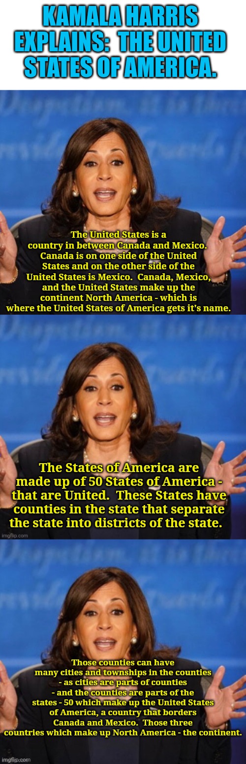 Kamala Harris explains... Might be a new series | KAMALA HARRIS EXPLAINS:  THE UNITED STATES OF AMERICA. The United States is a country in between Canada and Mexico.  Canada is on one side of the United States and on the other side of the United States is Mexico.  Canada, Mexico, and the United States make up the continent North America - which is where the United States of America gets it's name. The States of America are made up of 50 States of America - that are United.  These States have counties in the state that separate the state into districts of the state. Those counties can have many cities and townships in the counties - as cities are parts of counties - and the counties are parts of the states - 50 which make up the United States of America, a country that borders Canada and Mexico.  Those three countries which make up North America - the continent. | image tagged in kamala harris | made w/ Imgflip meme maker