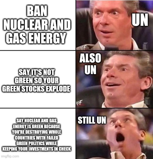 1984 | UN; BAN NUCLEAR AND GAS ENERGY; ALSO UN; SAY IT'S NOT GREEN SO YOUR GREEN STOCKS EXPLODE; STILL UN; SAY NUCLEAR AND GAS ENERGY IS GREEN BECAUSE YOU'RE DESTROYING WHOLE COUNTRIES WITH FAILED GREEN POLITICS WHILE KEEPING YOUR INVESTMENTS IN CHECK | image tagged in vince mcmahon,united nations,green party,liberals,democrats,republicans | made w/ Imgflip meme maker