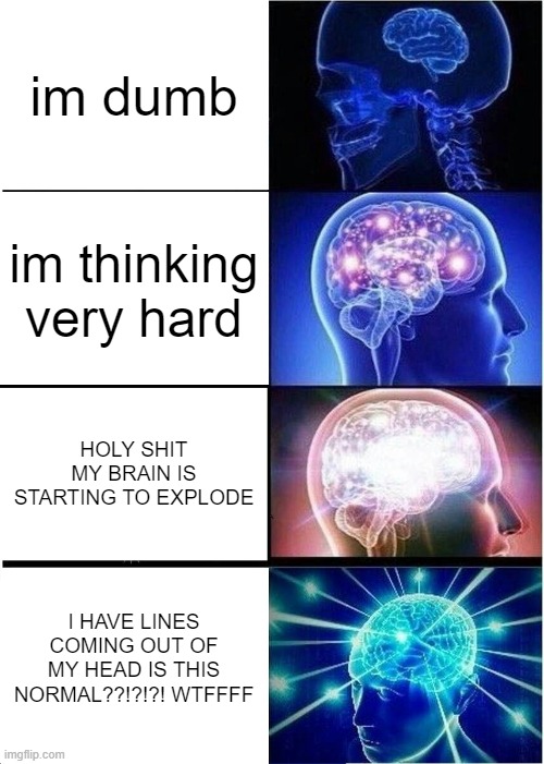 lol | im dumb; im thinking very hard; HOLY SHIT MY BRAIN IS STARTING TO EXPLODE; I HAVE LINES COMING OUT OF MY HEAD IS THIS NORMAL??!?!?! WTFFFF | image tagged in memes,expanding brain | made w/ Imgflip meme maker