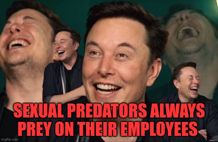 Elon Musk Laughing | SEXUAL PREDATORS ALWAYS PREY ON THEIR EMPLOYEES | image tagged in elon musk laughing | made w/ Imgflip meme maker