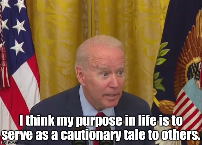 Joe Biden | I think my purpose in life is to serve as a cautionary tale to others. | image tagged in joe biden poopy pants,purpose in life,cautionary tale,to others,politics | made w/ Imgflip meme maker