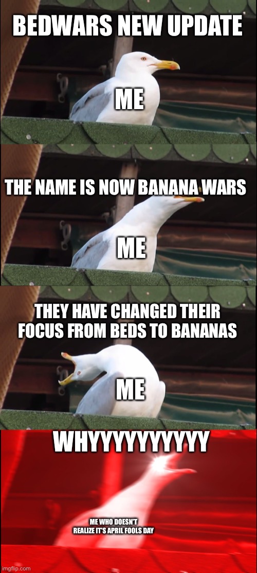 I said I would never quit Bedwars, but I never said that for Bananawars | BEDWARS NEW UPDATE; ME; THE NAME IS NOW BANANA WARS; ME; THEY HAVE CHANGED THEIR FOCUS FROM BEDS TO BANANAS; ME; WHYYYYYYYYYY; ME WHO DOESN’T REALIZE IT’S APRIL FOOLS DAY | image tagged in memes,inhaling seagull | made w/ Imgflip meme maker