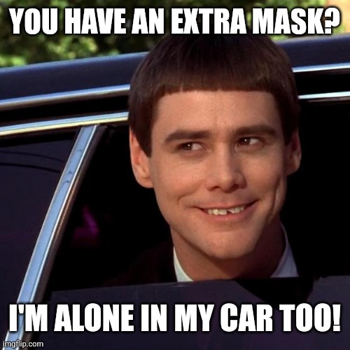 Dumb and Dumber | YOU HAVE AN EXTRA MASK? I'M ALONE IN MY CAR TOO! | image tagged in dumb and dumber | made w/ Imgflip meme maker