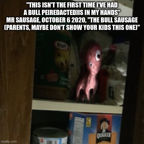 Lil Nugget in the pantry | "THIS ISN'T THE FIRST TIME I'VE HAD A BULL PE[REDACTED]IS IN MY HANDS"
MR SAUSAGE, OCTOBER 6 2020, "THE BULL SAUSAGE (PARENTS, MAYBE DON'T SHOW YOUR KIDS THIS ONE)" | image tagged in lil nugget in the pantry | made w/ Imgflip meme maker