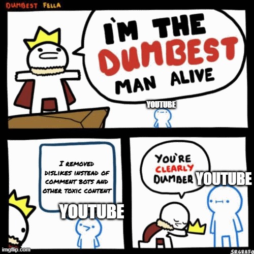 Seriously YouTube...? | YOUTUBE; I removed dislikes instead of comment bots and other toxic content; YOUTUBE; YOUTUBE | image tagged in i'm the dumbest man alive,barney will eat all of your delectable biscuits,oh wow are you actually reading these tags | made w/ Imgflip meme maker
