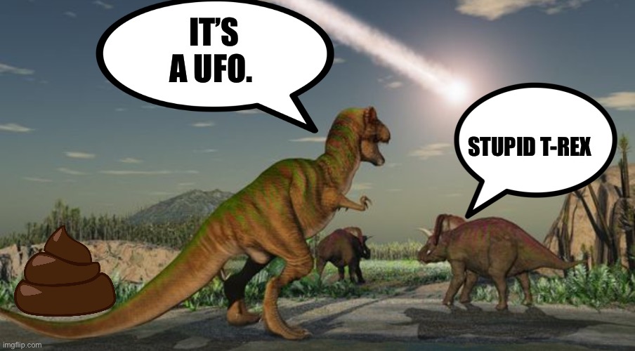 T-Rex | IT’S A UFO. STUPID T-REX | image tagged in dinosaurs meteor,ufo | made w/ Imgflip meme maker