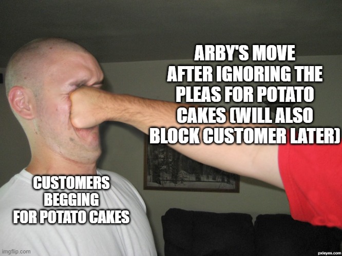 Face punch | ARBY'S MOVE AFTER IGNORING THE PLEAS FOR POTATO CAKES (WILL ALSO BLOCK CUSTOMER LATER); CUSTOMERS BEGGING FOR POTATO CAKES | image tagged in face punch | made w/ Imgflip meme maker