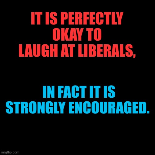 Laughter is the best medicine. | IT IS PERFECTLY OKAY TO LAUGH AT LIBERALS, IN FACT IT IS STRONGLY ENCOURAGED. | image tagged in plain black template | made w/ Imgflip meme maker