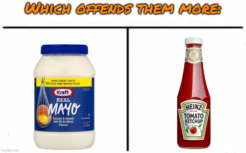 Strategy: distract from real issues by complaining about condiments | Which offends them more: | image tagged in who would win blank,mayonnaise,ketchup,conservative logic | made w/ Imgflip meme maker