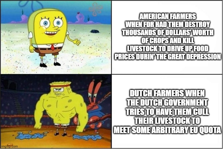 Weak vs Strong Spongebob | AMERICAN FARMERS WHEN FDR HAD THEM DESTROY THOUSANDS OF DOLLARS' WORTH OF CROPS AND KILL LIVESTOCK TO DRIVE UP FOOD PRICES DURIN' THE GREAT DEPRESSION; DUTCH FARMERS WHEN THE DUTCH GOVERNMENT TRIES TO HAVE THEM CULL THEIR LIVESTOCK TO MEET SOME ARBITRARY EU QUOTA | image tagged in weak vs strong spongebob | made w/ Imgflip meme maker