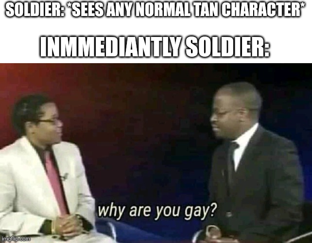 yes | SOLDIER: *SEES ANY NORMAL TAN CHARACTER*; INMMEDIANTLY SOLDIER: | image tagged in why are you gay | made w/ Imgflip meme maker