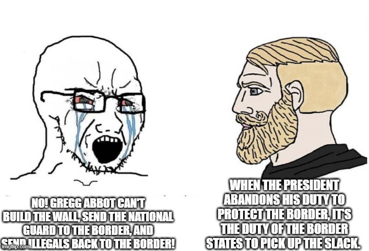 Soyboy Vs Yes Chad | WHEN THE PRESIDENT ABANDONS HIS DUTY TO PROTECT THE BORDER, IT'S THE DUTY OF THE BORDER STATES TO PICK UP THE SLACK. NO! GREGG ABBOT CAN'T BUILD THE WALL, SEND THE NATIONAL GUARD TO THE BORDER, AND SEND ILLEGALS BACK TO THE BORDER! | image tagged in soyboy vs yes chad | made w/ Imgflip meme maker