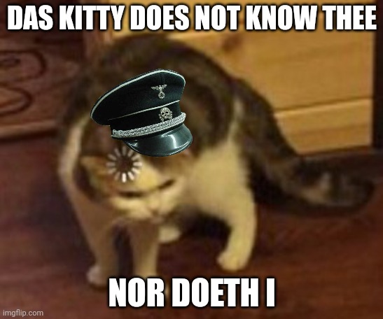 Loading cat | DAS KITTY DOES NOT KNOW THEE NOR DOETH I | image tagged in loading cat | made w/ Imgflip meme maker