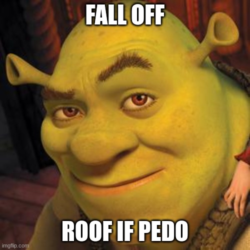 Shrek Sexy Face | FALL OFF; ROOF IF PEDO | image tagged in shrek sexy face | made w/ Imgflip meme maker