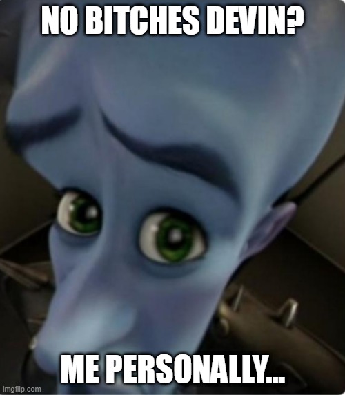 Megamind No bitches? | NO BITCHES DEVIN? ME PERSONALLY... | image tagged in megamind no bitches | made w/ Imgflip meme maker