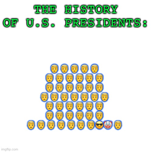 Credit to SpaceFanatic for making this originally | THE HISTORY OF U.S. PRESIDENTS:; 👱‍♂️ 👱‍♂️ 👱‍♂️ 👱‍♂️ 👱‍♂️ 👱‍♂️ 👱‍♂️ 👱‍♂️ 👱‍♂️ 👱‍♂️ 👱‍♂️ 👱‍♂️ 👱‍♂️ 👱‍♂️ 👱‍♂️ 👱‍♂️ 👱‍♂️ 👱‍♂️ 👱‍♂️ 👱‍♂️ 👱‍♂️ 👱‍♂️ 👱‍♂️ 👱‍♂️ 👱‍♂️ 👱‍♂️ 👱‍♂️ 👱‍♂️ 👱‍♂️ 👱‍♂️ 👱‍♂️ 👱‍♂️ 👱‍♂️ 👱‍♂️ 👱‍♂️ 👱‍♂️ 👱‍♂️ 👱‍♂️ 👱‍♂️ 👱‍♂️ 👱‍♂️ 👱‍♂️ 👱‍♂️😎🤡 👱‍♂️ | image tagged in memes,blank transparent square | made w/ Imgflip meme maker