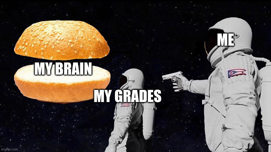 Lol | ME; MY BRAIN; MY GRADES | image tagged in always has been nothingburger meme | made w/ Imgflip meme maker