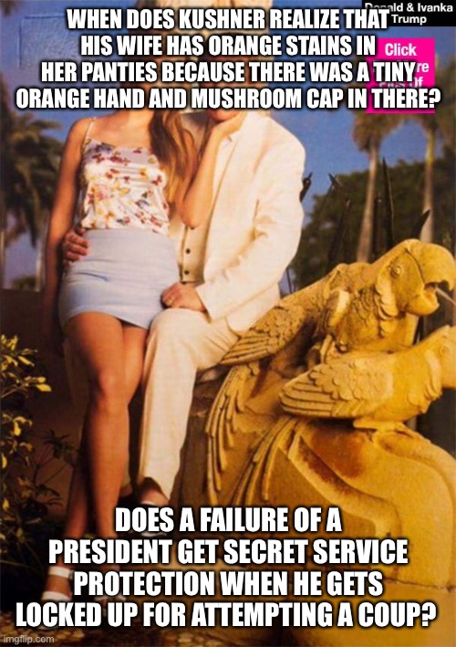 Donald and Ivanka Trump | WHEN DOES KUSHNER REALIZE THAT HIS WIFE HAS ORANGE STAINS IN HER PANTIES BECAUSE THERE WAS A TINY ORANGE HAND AND MUSHROOM CAP IN THERE? DOES A FAILURE OF A PRESIDENT GET SECRET SERVICE PROTECTION WHEN HE GETS LOCKED UP FOR ATTEMPTING A COUP? | image tagged in donald and ivanka trump | made w/ Imgflip meme maker
