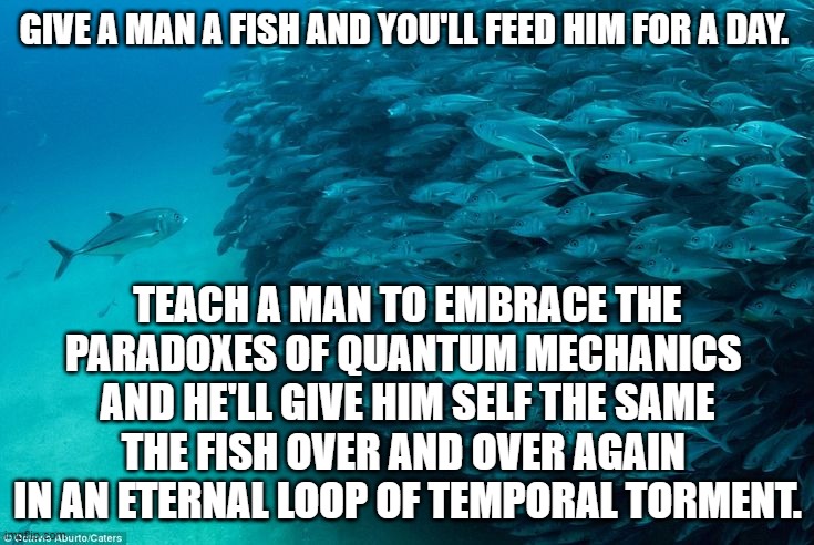 Life Hack | GIVE A MAN A FISH AND YOU'LL FEED HIM FOR A DAY. TEACH A MAN TO EMBRACE THE PARADOXES OF QUANTUM MECHANICS 
AND HE'LL GIVE HIM SELF THE SAME THE FISH OVER AND OVER AGAIN 
IN AN ETERNAL LOOP OF TEMPORAL TORMENT. | image tagged in fish,quantum,quantum mechanics,life hack | made w/ Imgflip meme maker