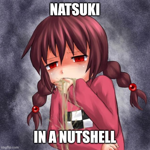 4chan logo throw up anime girl | NATSUKI; IN A NUTSHELL | image tagged in 4chan logo throw up anime girl | made w/ Imgflip meme maker