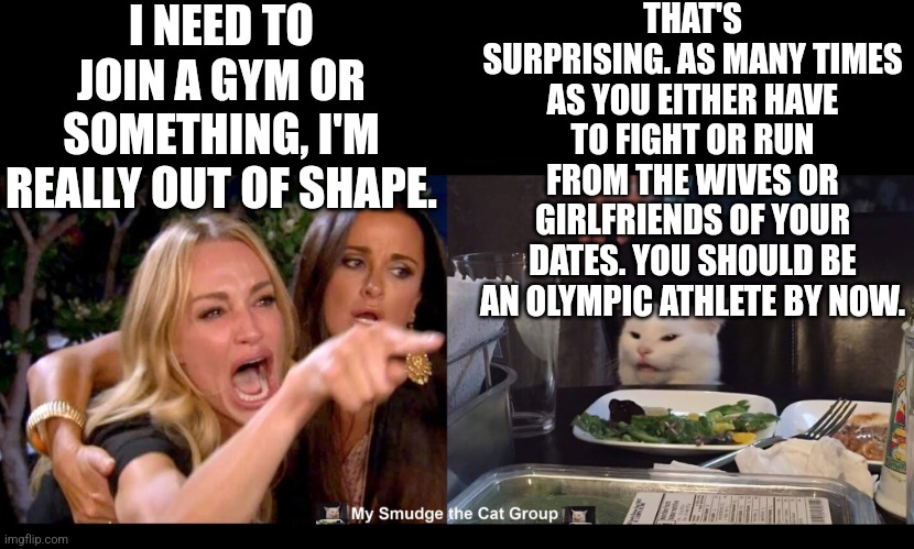 I NEED TO JOIN A GYM OR SOMETHING, I'M REALLY OUT OF SHAPE. THAT'S SURPRISING. AS MANY TIMES AS YOU EITHER HAVE TO FIGHT OR RUN FROM THE WIVES OR GIRLFRIENDS OF YOUR DATES. YOU SHOULD BE AN OLYMPIC ATHLETE BY NOW. | image tagged in smudge the cat,woman yelling at cat | made w/ Imgflip meme maker