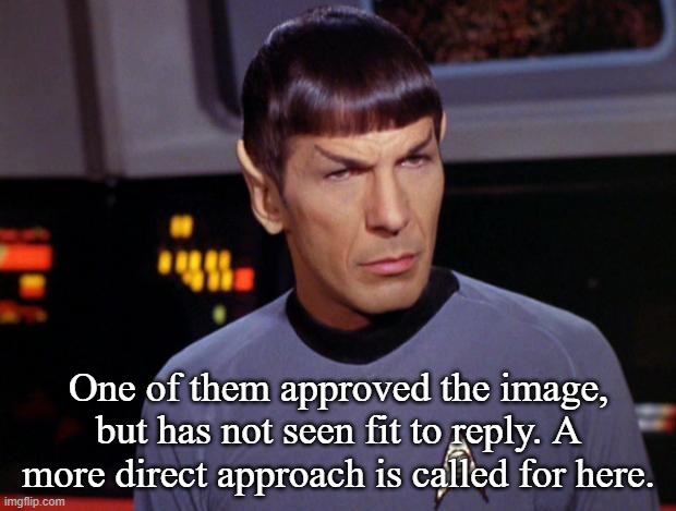 mr spock | One of them approved the image, but has not seen fit to reply. A more direct approach is called for here. | image tagged in mr spock | made w/ Imgflip meme maker