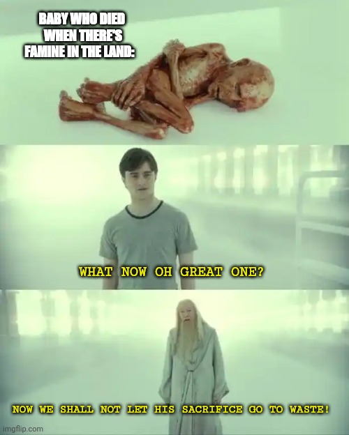 Dead Baby Voldemort / What Happened To Him | BABY WHO DIED  WHEN THERE'S FAMINE IN THE LAND:; WHAT NOW OH GREAT ONE? NOW WE SHALL NOT LET HIS SACRIFICE GO TO WASTE! | image tagged in dead baby voldemort / what happened to him | made w/ Imgflip meme maker