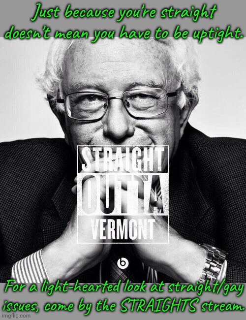 Link in comment. | Just because you're straight doesn't mean you have to be uptight. For a light-hearted look at straight/gay issues, come by the STRAIGHTS stream. | image tagged in bernie sanders - straight outta vermont,lgbt,tolerance,diversity,imgflip community | made w/ Imgflip meme maker