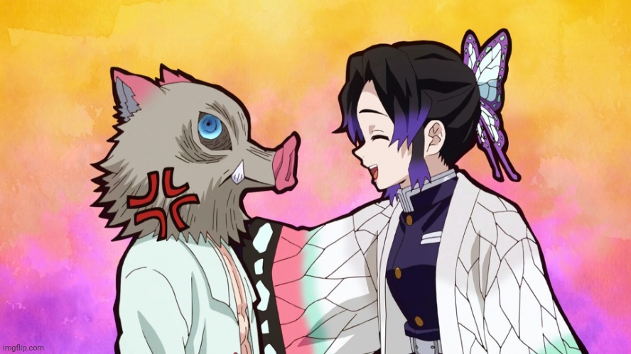 Inosuke and Shinobu Demon Slayer | image tagged in inosuke and shinobu demon slayer | made w/ Imgflip meme maker