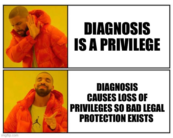 Diagnosis is not a privilege | DIAGNOSIS IS A PRIVILEGE; DIAGNOSIS CAUSES LOSS OF PRIVILEGES SO BAD LEGAL PROTECTION EXISTS | image tagged in mental illness,mental health,myth,dissociative identity disorder,osdd,discrimination | made w/ Imgflip meme maker