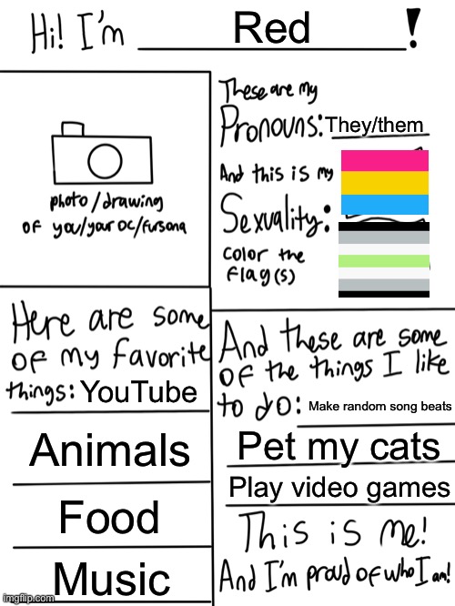 No photo for you | Red; They/them; YouTube; Make random song beats; Animals; Pet my cats; Play video games; Food; Music | image tagged in lgbtq stream account profile | made w/ Imgflip meme maker